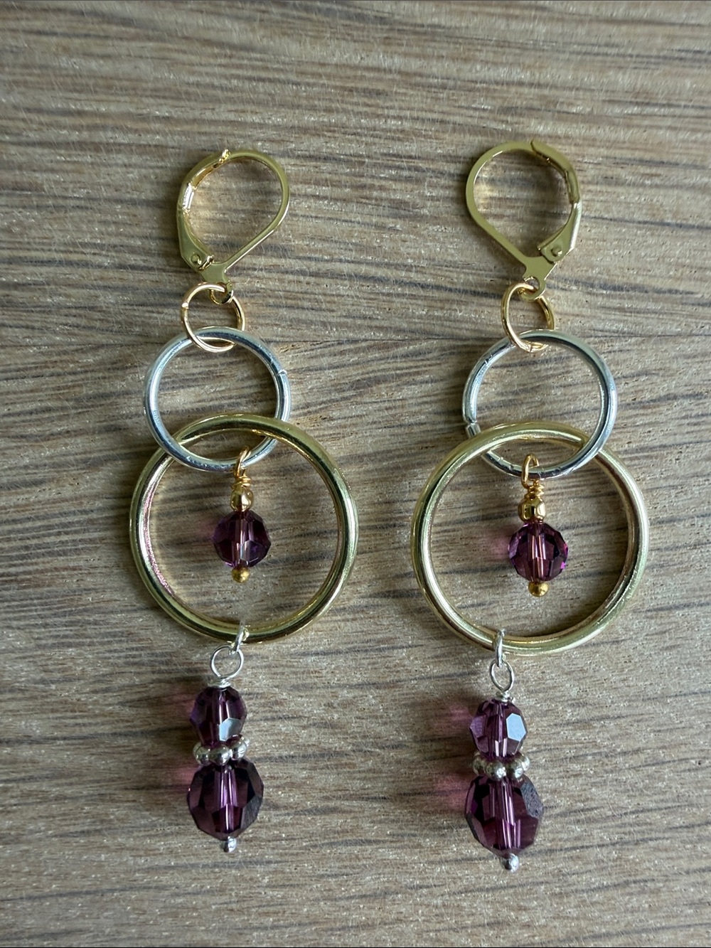 HAND CRAFTED AMETHYST SWAROVSKI CRYSTAL MIXED METAL DANGLE EARRINGS Dramatic - Picture 7 of 9